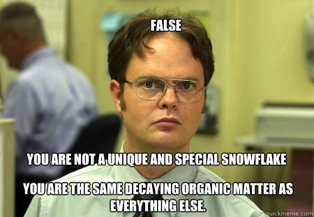 False You are not a unique and special snowflake
 You are the same decaying organic matter as everything else.
 - False You are not a unique and special snowflake
 You are the same decaying organic matter as everything else.
  dwight schule knows best