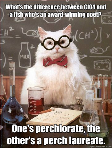  What's the difference between ClO4 and a fish who's an award-winning poet? One's perchlorate, the other's a perch laureate.  Chemist cat