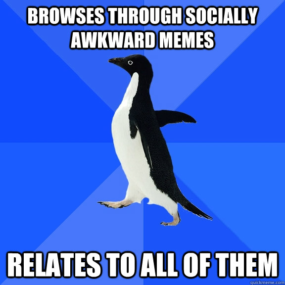 Browses through socially awkward memes relates to all of them  Socially Awkward Penguin
