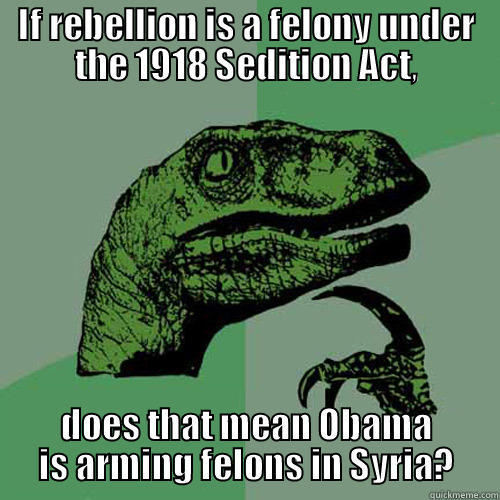 IF REBELLION IS A FELONY UNDER THE 1918 SEDITION ACT, DOES THAT MEAN OBAMA IS ARMING FELONS IN SYRIA? Philosoraptor