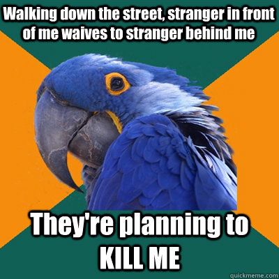 Walking down the street, stranger in front of me waives to stranger behind me They're planning to KILL ME  Paranoid Parrot