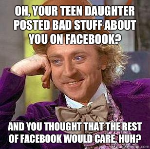 Oh, your teen daughter posted bad stuff about you on Facebook? And you thought that the rest of Facebook would care, huh?  Condescending Wonka