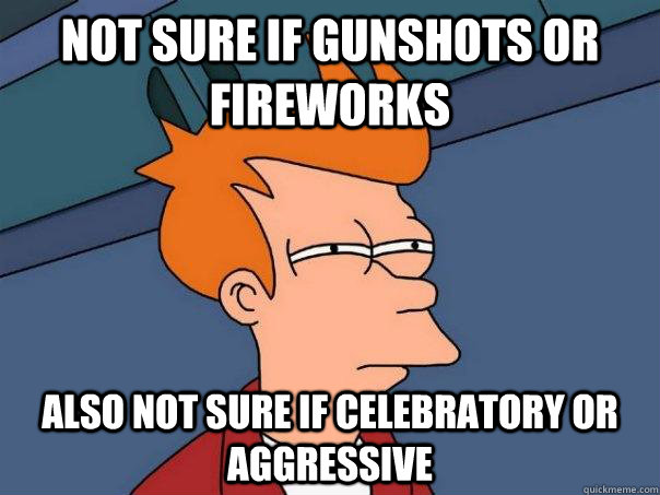 not sure if gunshots or fireworks also not sure if celebratory or aggressive  Futurama Fry