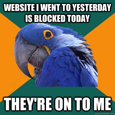 website i went to yesterday is blocked today they're on to me  Paranoid Parrot
