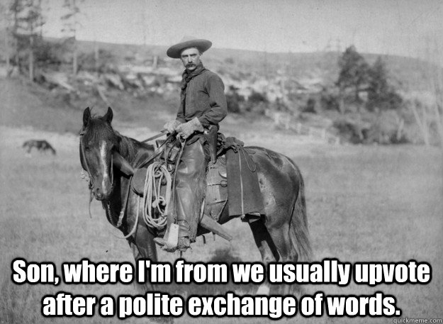  Son, where I'm from we usually upvote after a polite exchange of words. -  Son, where I'm from we usually upvote after a polite exchange of words.  Misc