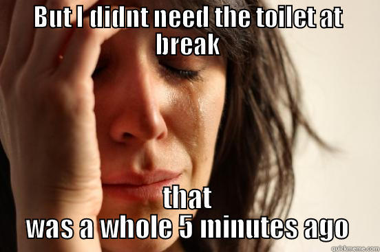 BUT I DIDNT NEED THE TOILET AT BREAK THAT WAS A WHOLE 5 MINUTES AGO First World Problems