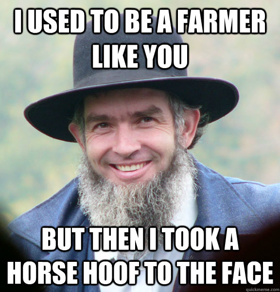 I Used to be a farmer like you  But then i took a horse hoof to the face  Awesome Amish Guy