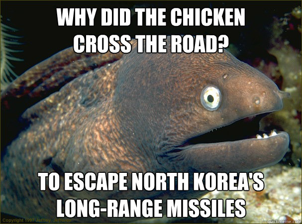 WHY DID THE CHICKEN 
CROSS THE ROAD?  TO ESCAPE NORTH KOREA'S 
LONG-RANGE MISSILES - WHY DID THE CHICKEN 
CROSS THE ROAD?  TO ESCAPE NORTH KOREA'S 
LONG-RANGE MISSILES  Bad Joke Eel