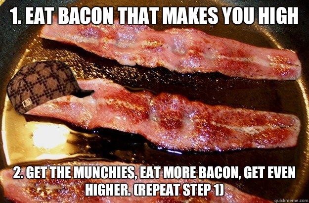 1. Eat bacon that makes you high 2. Get the munchies, eat more bacon, get even higher. (repeat step 1) - 1. Eat bacon that makes you high 2. Get the munchies, eat more bacon, get even higher. (repeat step 1)  Scumbag Bacon