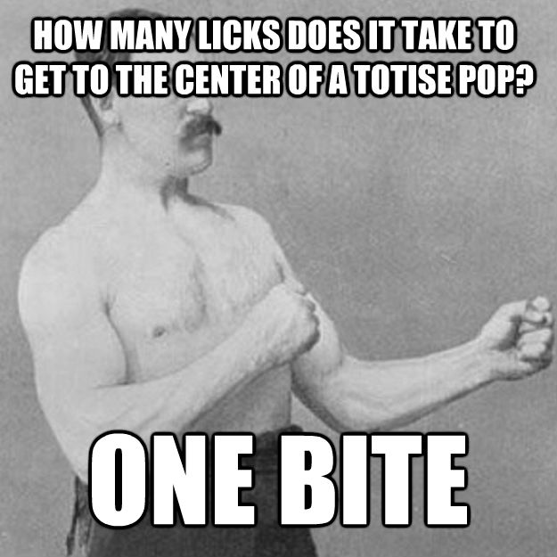 HOW MANY LICKS DOES IT TAKE TO GET TO THE CENTER OF A TOTISE POP? ONE BITE - HOW MANY LICKS DOES IT TAKE TO GET TO THE CENTER OF A TOTISE POP? ONE BITE  untitled meme