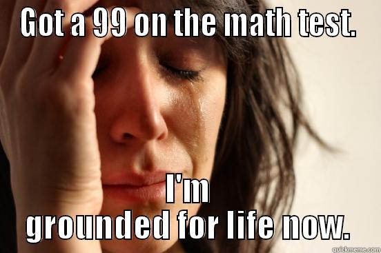 GOT A 99 ON THE MATH TEST. I'M GROUNDED FOR LIFE NOW. First World Problems