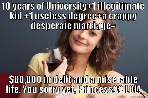 I warned you about all those student loans...and as usual, you didn't listen. - 10 YEARS OF UNIVERSITY+1 ILLEGITIMATE KID +1 USELESS DEGREE+A CRAPPY DESPERATE MARRIAGE= $80,000 IN DEBT AND A MISERABLE LIFE. YOU SORRY YET, PRINCESS?? LOL! Forever Resentful Mother
