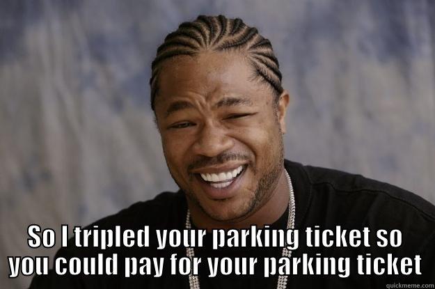 YO DAWG, I HEARD YOU COULDN'T PAY YOUR PARKING TICKET SO I TRIPLED YOUR PARKING TICKET SO YOU COULD PAY FOR YOUR PARKING TICKET Xzibit meme