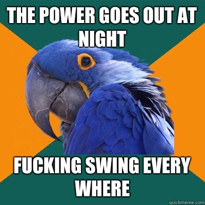 The power goes out at night Fucking swing every where  Paranoid Parrot