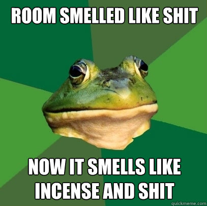 Room smelled like shit now it smells like incense and shit  Foul Bachelor Frog