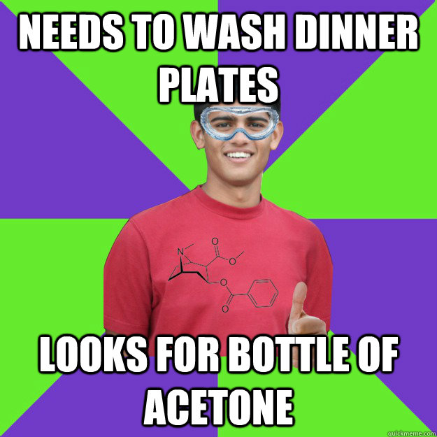 Needs to wash dinner plates Looks for bottle of acetone  Chemistry Student