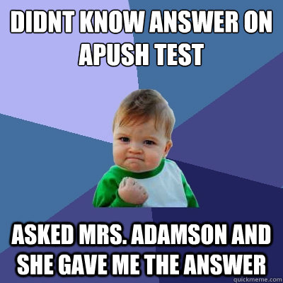 didnt know answer on APUSH test  asked mrs. adamson and she gave me the answer  Success Kid