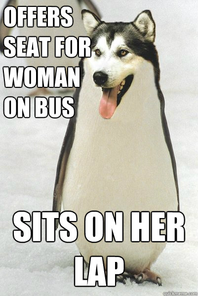 offers seat for woman on bus sits on her lap  Courageously Awkward Wolf