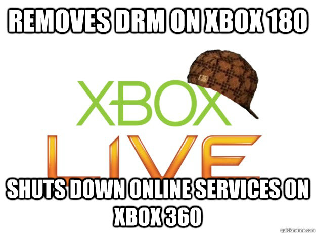 Removes DRM on Xbox 180  SHUTS DOWN ONLINE SERVICES ON XBOX 360 - Removes DRM on Xbox 180  SHUTS DOWN ONLINE SERVICES ON XBOX 360  Scumbag Xbox Live