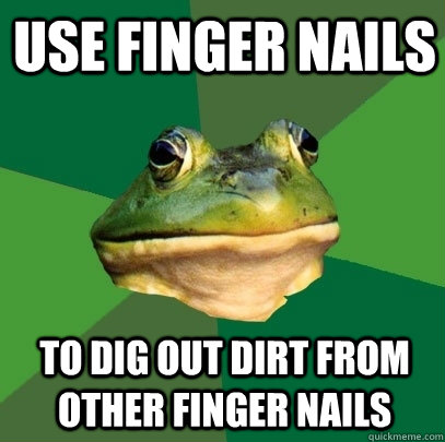 use finger nails to dig out dirt from other finger nails  Foul Bachelor Frog
