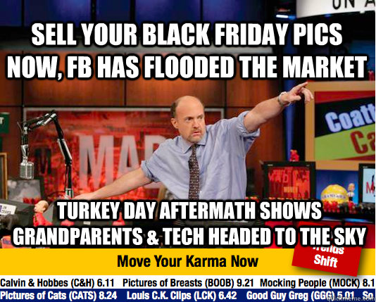 sell your Black friday pics now, fb has flooded the market Turkey day aftermath shows grandparents & tech headed to the sky  Mad Karma with Jim Cramer