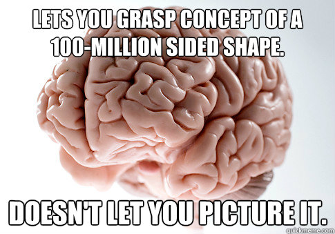 Lets you grasp concept of a 
100-million sided shape. doesn't let you picture it.  Scumbag Brain