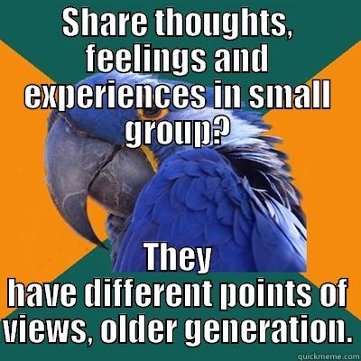 SHARE THOUGHTS, FEELINGS AND EXPERIENCES IN SMALL GROUP? THEY HAVE DIFFERENT POINTS OF VIEWS, OLDER GENERATION. Paranoid Parrot