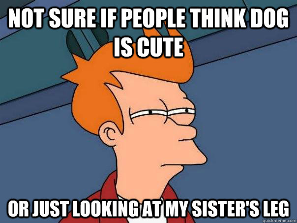 Not sure if people think dog is cute Or just looking at my sister's leg  Futurama Fry