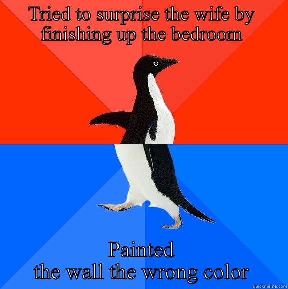 TRIED TO SURPRISE THE WIFE BY FINISHING UP THE BEDROOM PAINTED THE WALL THE WRONG COLOR Socially Awesome Awkward Penguin