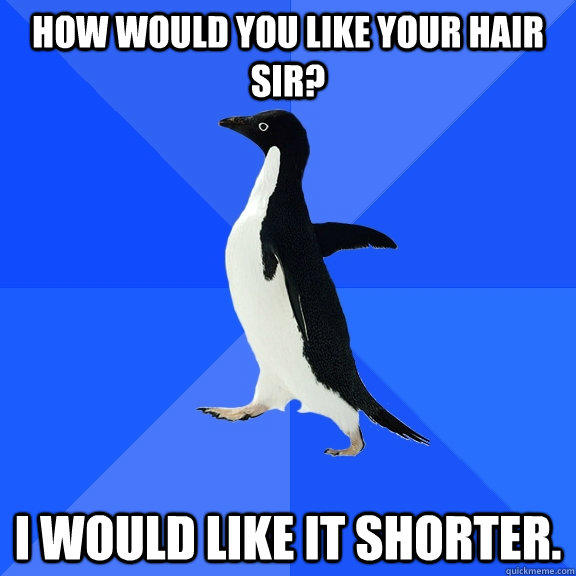 How would you like your hair sir? I would like it shorter. - How would you like your hair sir? I would like it shorter.  Socially Awkward Penguin