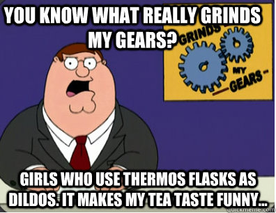you know what really grinds my gears? girls who use thermos flasks as dildos. it makes my tea taste funny...   Family Guy Grinds My Gears