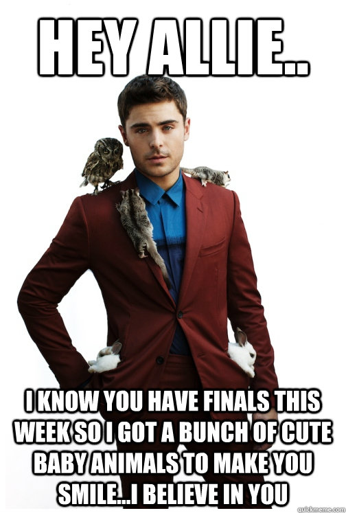 Hey Allie.. I know you have finals this week so I got a bunch of cute baby animals to make you smile...I believe in you - Hey Allie.. I know you have finals this week so I got a bunch of cute baby animals to make you smile...I believe in you  Hey Girl Remix - Zac Efron