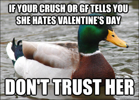 If your crush or gf tells you she hates valentine's day DOn't trust her - If your crush or gf tells you she hates valentine's day DOn't trust her  Actual Advice Mallard