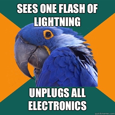 Sees one flash of lightning Unplugs all electronics  Paranoid Parrot