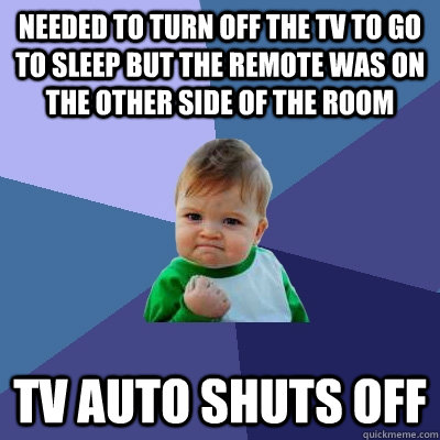 Needed to turn off the tv to go to sleep but the remote was on the other side of the room tv auto shuts off  Success Kid