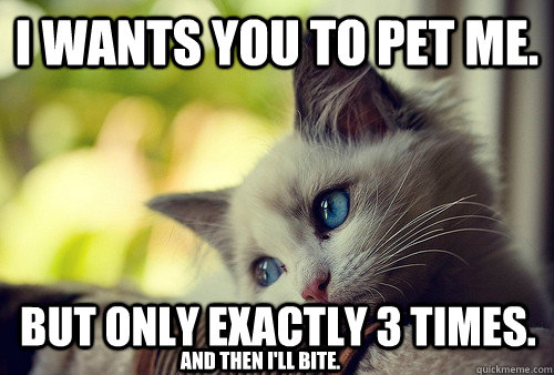 I wants you to pet me. But only exactly 3 times. and then I'll bite.  First World Problems Cat