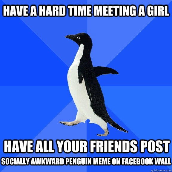 Have a hard time meeting a girl  have all your friends post socially awkward penguin meme on facebook wall  Socially Awkward Penguin