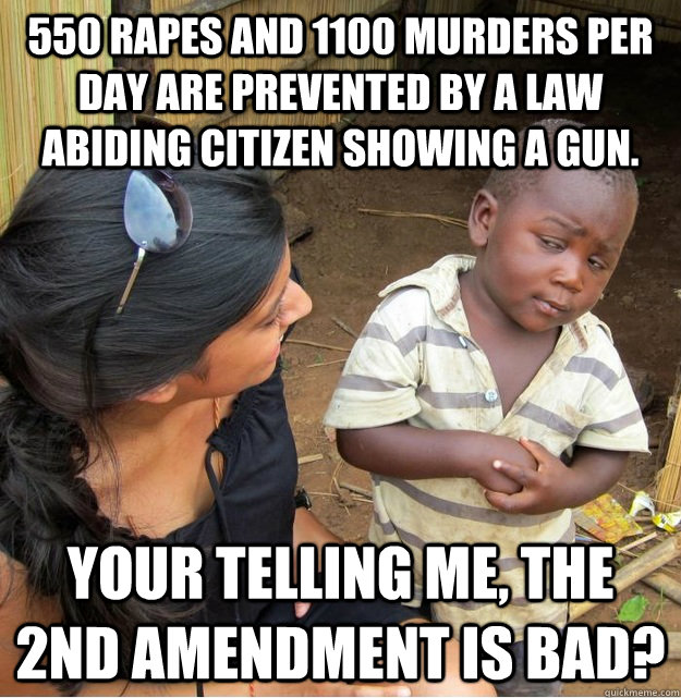 550 rapes and 1100 murders per day are prevented by a law abiding citizen showing a gun. Your telling me, the 2nd amendment is bad?  Skeptical Third World Kid