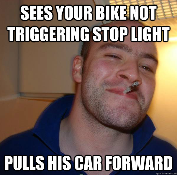 Sees your bike not triggering stop light pulls his car forward - Sees your bike not triggering stop light pulls his car forward  Misc