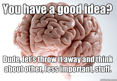 You have a good idea? Dude, let's throw it away and think about other, less important, stuff.   Scumbag Brain