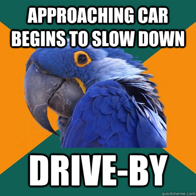 approaching car begins to slow down drive-by  Paranoid Parrot