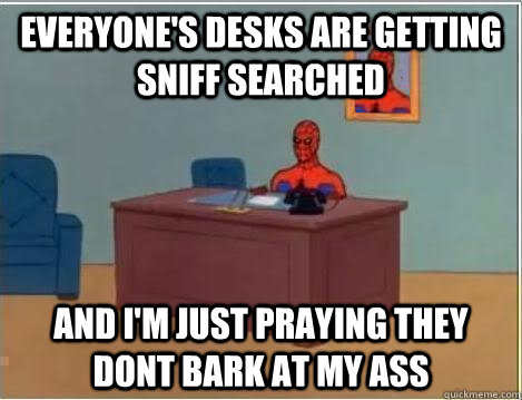 everyone's desks are getting sniff searched and i'm just praying they dont bark at my ass  Spiderman Desk