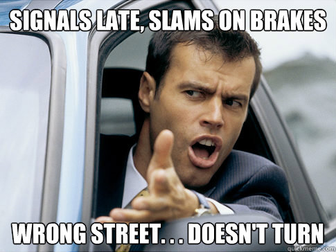 Signals late, slams on brakes Wrong street. . . doesn't turn  Asshole driver