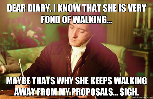 dear diary, i know that she is very fond of walking... maybe thats why she keeps walking away from my proposals... sigh. - dear diary, i know that she is very fond of walking... maybe thats why she keeps walking away from my proposals... sigh.  Darcys Diary