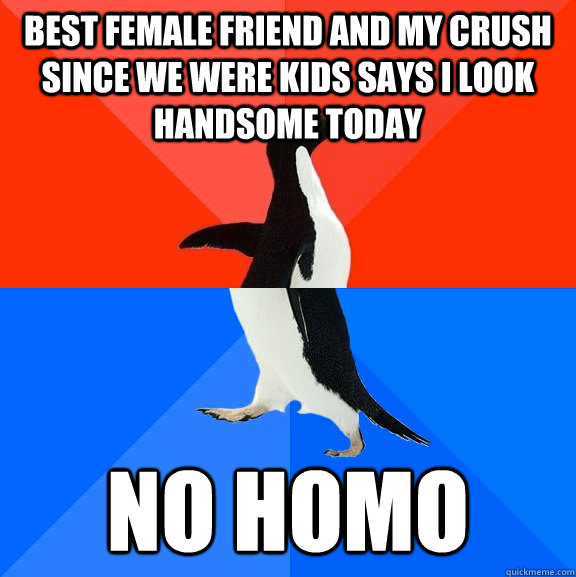 best female friend and my crush since we were kids says i look handsome today no homo  Socially Awesome Awkward Penguin