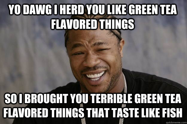 yo dawg i herd you like green tea flavored things so i brought you terrible green tea flavored things that taste like fish - yo dawg i herd you like green tea flavored things so i brought you terrible green tea flavored things that taste like fish  Xzibit meme