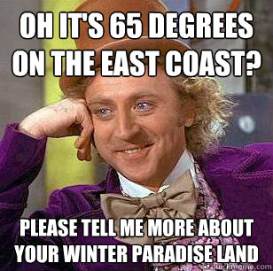 Oh it's 65 degrees on the East Coast? please tell me more about your winter paradise land  Condescending Wonka