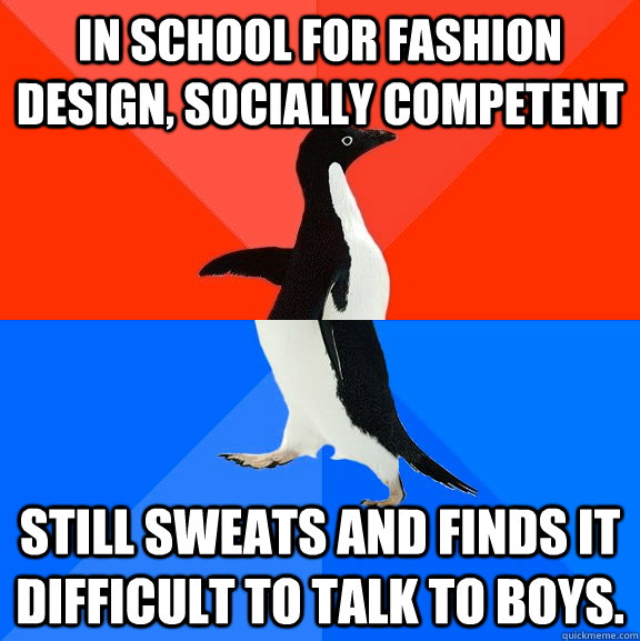 in school for fashion design, socially competent  still sweats and finds it difficult to talk to boys.  Socially Awesome Awkward Penguin