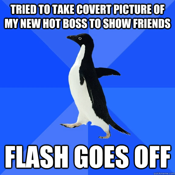 tried to take covert picture of my new hot boss to show friends flash goes off  Socially Awkward Penguin