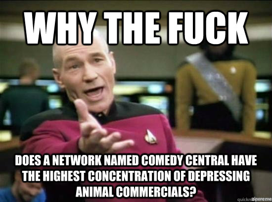 Why the fuck Does a network named comedy central have the highest concentration of depressing animal commercials?  Annoyed Picard HD